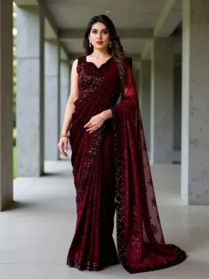 miracletex Fashion Lycra Blend Saree with Unstitched Blouse (Maroon)